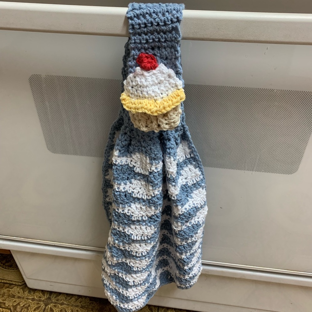 Cupcake Kitchen Towel Sky Blue with White Waves New Handmade Crochet